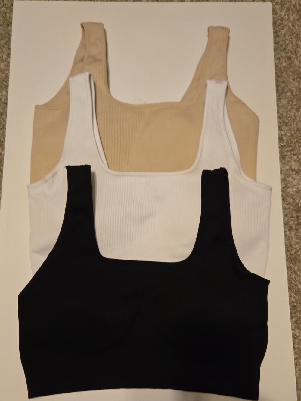 3-Pack Ribbed Scoop Bralette — Black, White, Nude